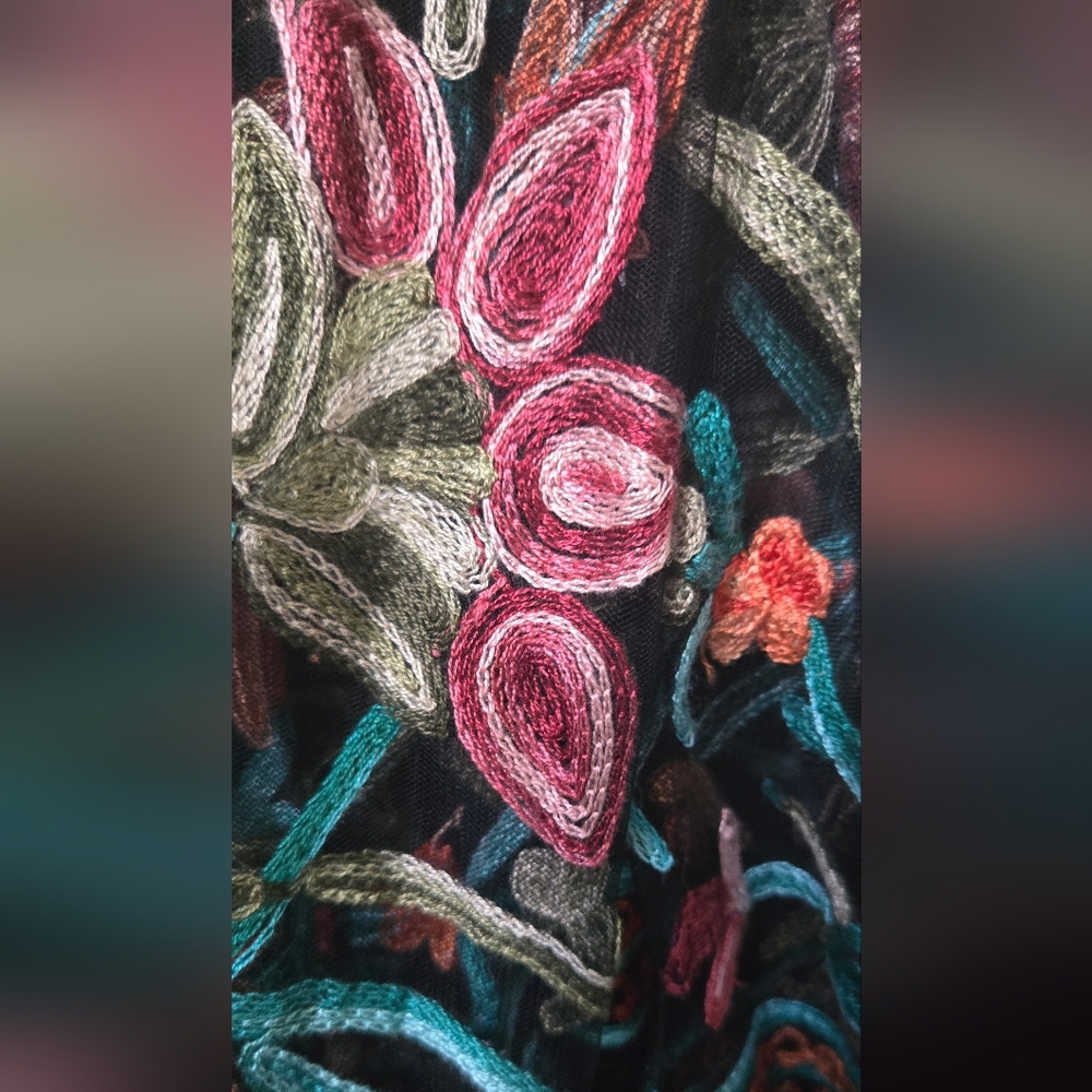 Johnny Was Black Sheer Kimono with Floral Embroidery SzM - Picture 11 of 13